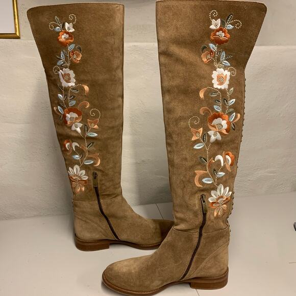 Sundance Suede Embroidered Boots Floral Over the Knee Western Country Cowgirl - Picture 5 of 9